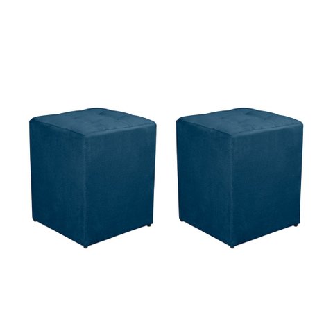 Kit 2 Puff Quadrado Decorativo Suede Casa da Poltrona Azul Escuro
