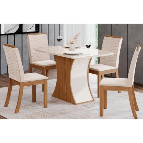 Conjunto: Mesa de Cozinha Luiza C/ Tampo de Vidro 120x80cm e 4 Cadeiras Isa Nature/off White - Linho