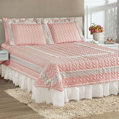 Colcha King Romantica Micropercal 200 Fios 5 Peças - Rose