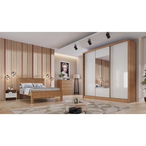 Guarda Roupa Casal com Espelho 3 Portas 8 Gavetas - Arezzo Plus-Cumaru/Fendi - Móveis Novo Horizonte
