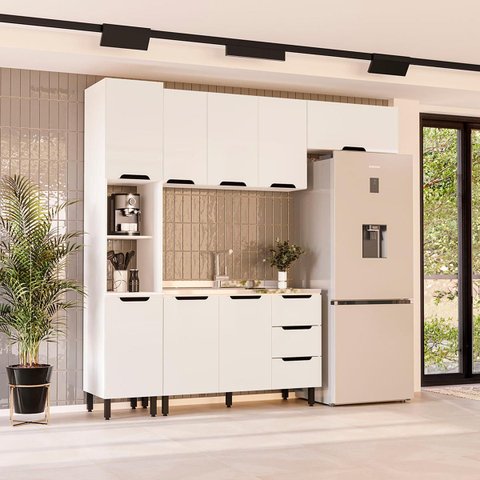 Cozinha Meena 4 Peças 240x224,5cm Armários Aéreos Paneleiro Balcão Branco 250054