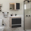 Ver imagem 1 de Kit Gabinete Banheiro Fox 60cm Madeirado/preto (gabinete + Cuba + Espelheira)