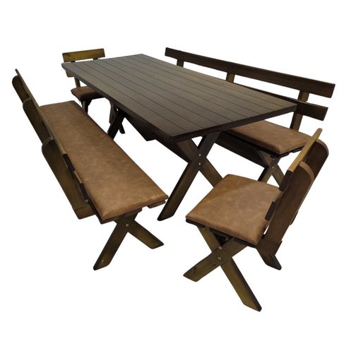 Conjunto Mesa Madeira Maciça para Churrasco Imbuia + 4 Bancos Estofados Jambo