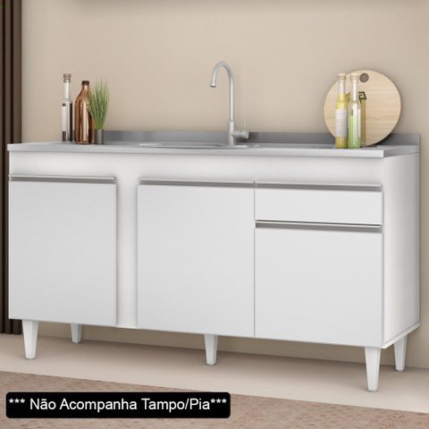 Balcão Gabinete Para Pia 150cm Sem Tampo 3 Portas 1 Gaveta Dakota Branco - Lumil
