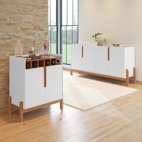 Buffet 170cm e Barzinho Pés de Madeira Maciça Lizz Branco/Cedro