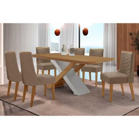 Conjunto: Mesa de Cozinha Imperatriz Curvo 180cm + 6 Cadeiras Maldivas Naturale/off White - Suede