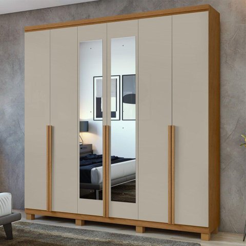 Guarda-roupa Alonzo 6 Portas e 4 Gavetas com Espelho e Pés Amêndoa Clean com Off White