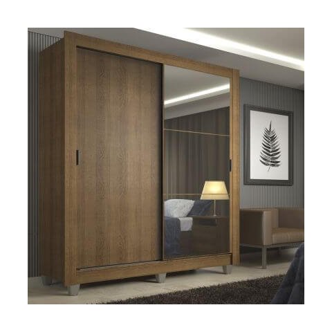 Guarda-Roupa Solteiro Madesa Denver 2 Portas de Correr com Espelho com Pés Rustic Cor:Rustic