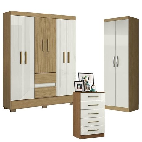Guarda Roupa Casal Coimbra 2005138 com Armário Multiuso New 2000192 e Cômoda 2014140 Atacama Off Whi