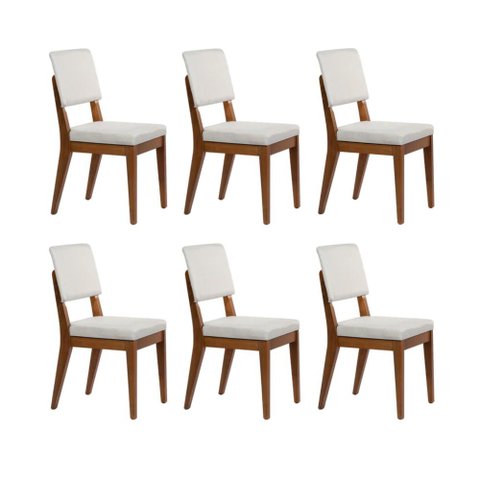 Conjunto com 6 Cadeiras de Madeira Maciça Estofada Ella - Natural C/ Linho Off White