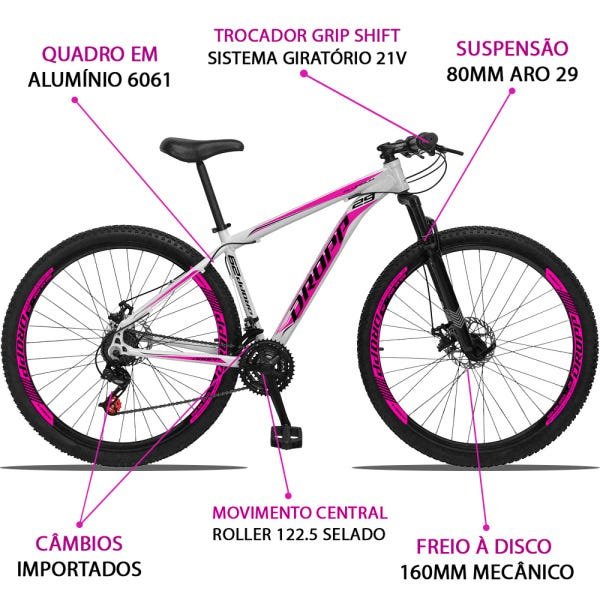Bicicleta Aro 29 Dropp Aluminum 21v Freio a Disco - Branco e Rosa - 21 - 3