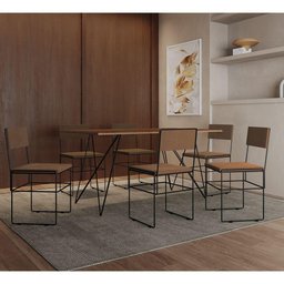 Mesa Jantar Retangular Industrial Trama 1,50x0,90m Amêndoa 6 Cadeiras Estofadas Marrom e Preto Vit - 1