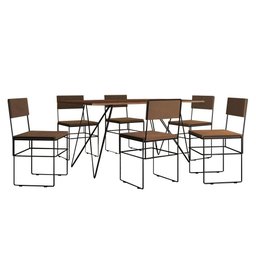 Mesa Jantar Retangular Industrial Trama 1,50x0,90m Amêndoa 6 Cadeiras Estofadas Marrom e Preto Vit - 6