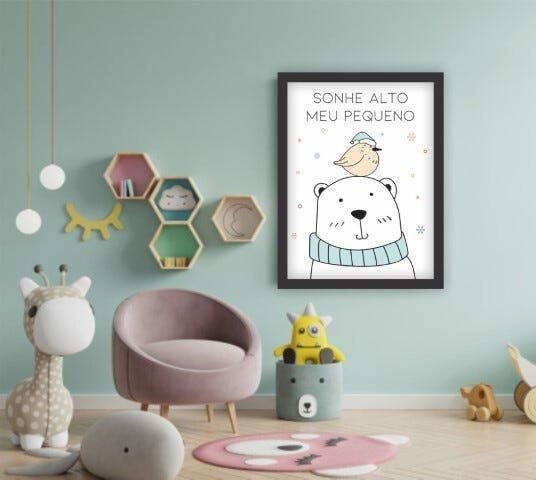 Quadro Decorativos Com Moldura Preta Quarto Infantil Menino Urso Pássaro Sonhe Alto Meu Pequeno - 30 - 1