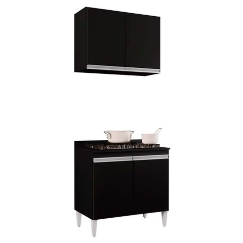 Kit Armário Aéreo e Balcão para Cooktop de Cozinha 02 Portas Diana Preto 80 cm - D’Rossi