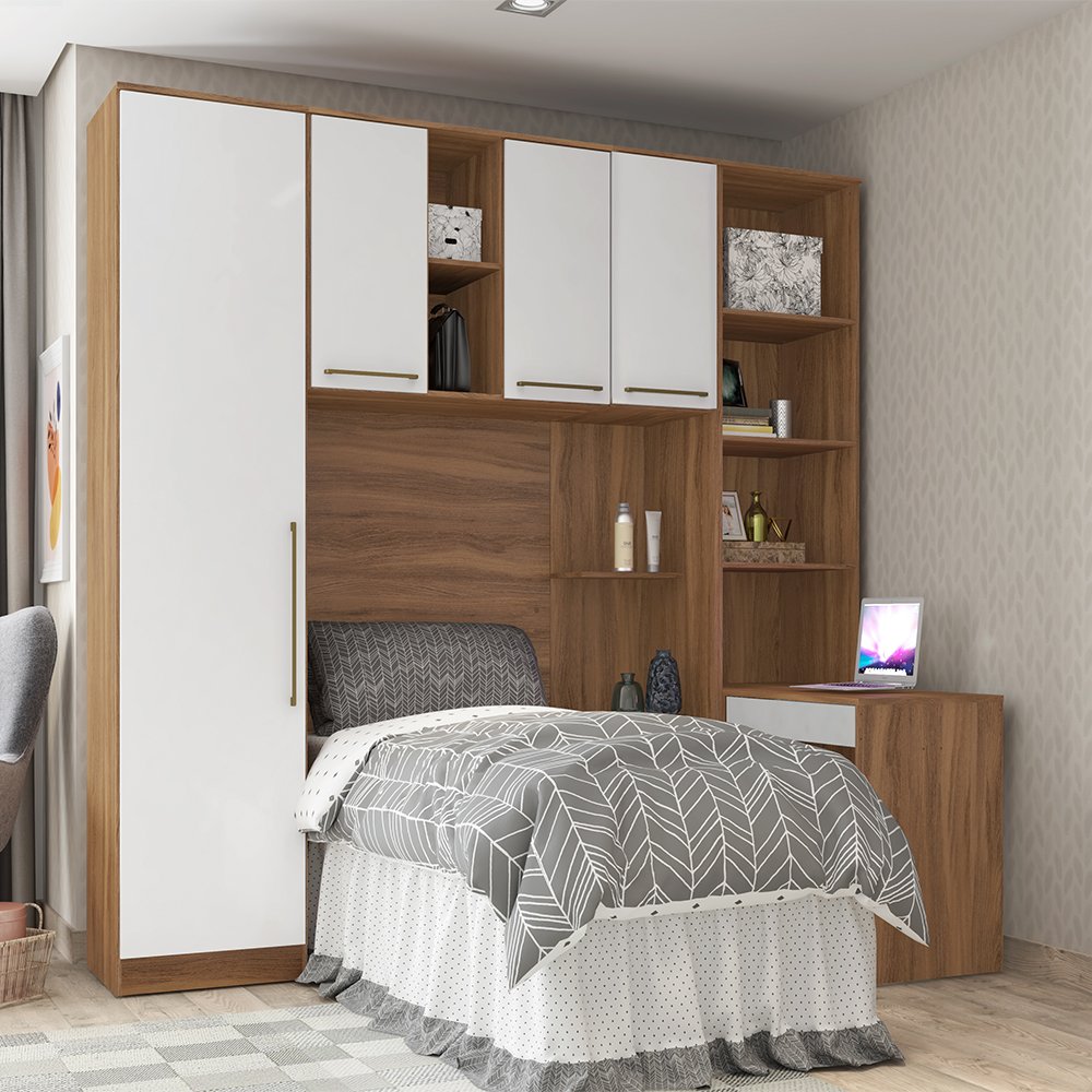 Quarto de Solteiro Modulado 5 Peças com Armário Aéreo + Escrivaninha ...