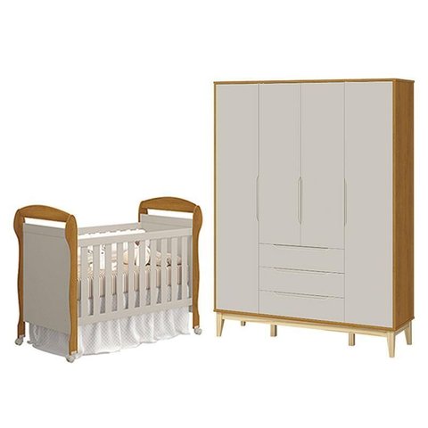 Berço Americano Danny e Guarda Roupa 4 Portas Elfe Classic Areia Savana Acetinado Natural - Reller