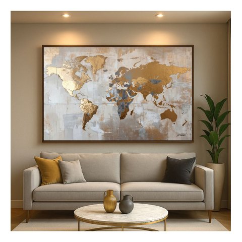 Quadro Mapa Mundi Tons Metálicos Dourado com Prata - 153x103