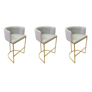 Banqueta Alta Decorativa Luxo Zoe Tecido Bouclé Base de Metal Dourado Fosco Kit 3 Unidades Poltronas