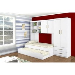 Quarto Modulado Eloá com Guarda-roupa 2 Portas, Módulo Aéreo e Cama com Auxiliar Branco - Phoenix Ba - 1