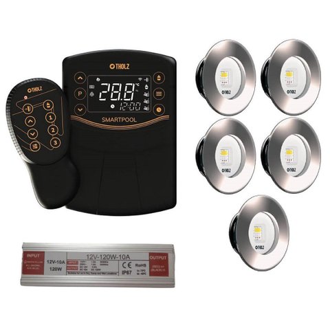 Kit 5 Led Slim Rgbw 15w Inox Piscina Tholz + Smartpool + Fonte