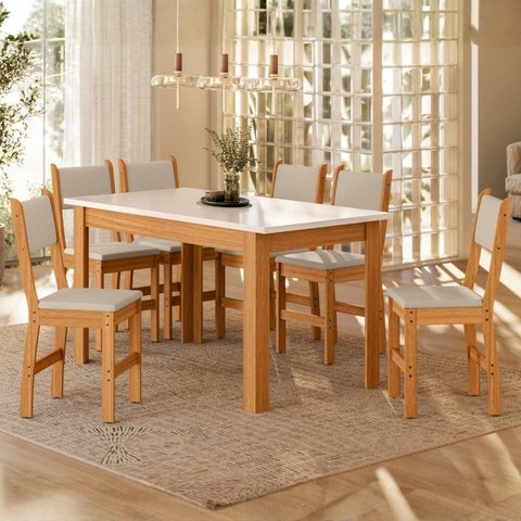 Conjunto Sala de Jantar Mesa Bellagio 150cm com 6 Cadeiras Lugano Yescasa Freijo UV/Off White