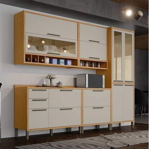 Cozinha Completa Modulada 100% MDF 5 Peças 11 Portas 4 Gavetas e Vidro 274cm Vicenza Espresso Móveis Amêndoa/Off White