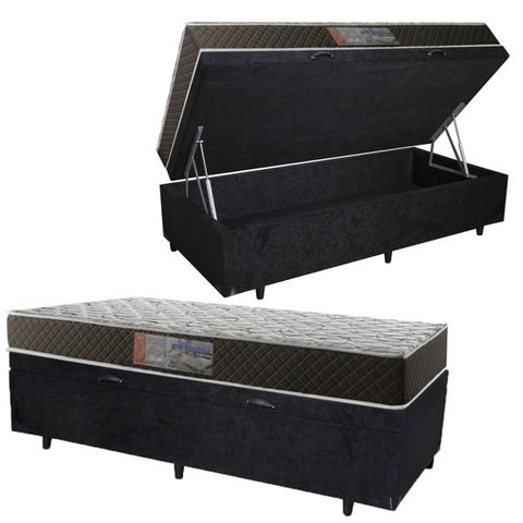 Cama Box Baú Solteiro Colchão Mola Bonnel Acolchões + Box Suede 69x88x188 - Preto