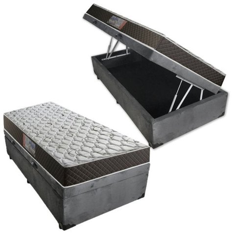 Cama Box Baú Solteiro Colchão Molas Ensacadas Acolchões + Box Suede 65x88x188 - Cinza