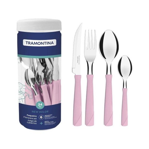 Faqueiro Tramontina New Kolor Lâminas Aço Inox Cabos Polipropileno Rosa 24 Peças Tramontina