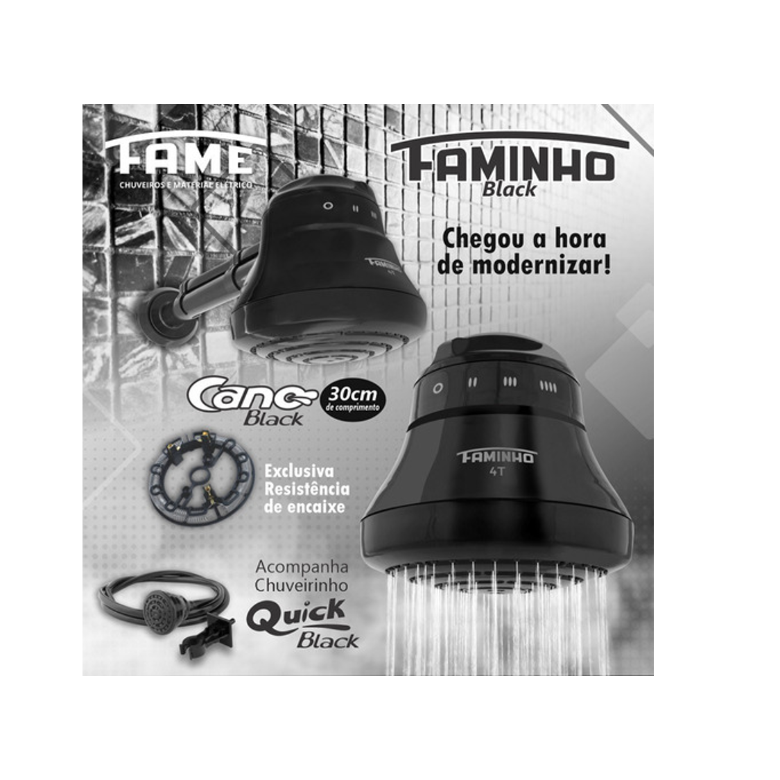 Chuveiro Elétrico Ducha Fame Preto Braço Cano 4t:127v/5400w - 5