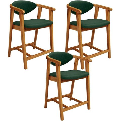Kit 03 Banquetas Baixa Cozinha Bancada Cecília L02 Couríssimo Verde Musgo Lyam Decor