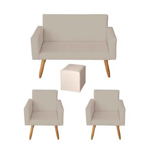 Kit Sofá 2 Lugares e 2 Poltrona para Sala Lina e 1 Puff Quadrado Suede Bege - Móveis Mafer