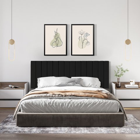 Cabeceira Casal Ripada Palito para Quarto - 140 Cm - Preto Suede