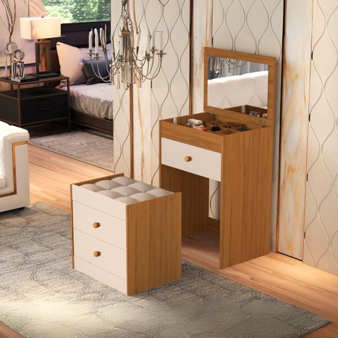 Penteadeira Mdf Compartimento Maquiagem Banqueta 3 Gavetas:nature / Off White