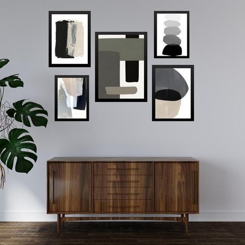 Composição 5 Quadros Decoração Industrial Preto Cinza Bege - com Vidro:moldura Preta