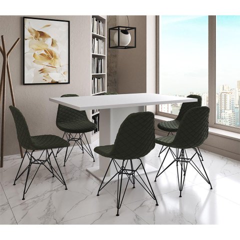 Mesa Jantar Londres Retangular Branca 137x90 6 Cadeiras Estofadas Verde Ferro Preto