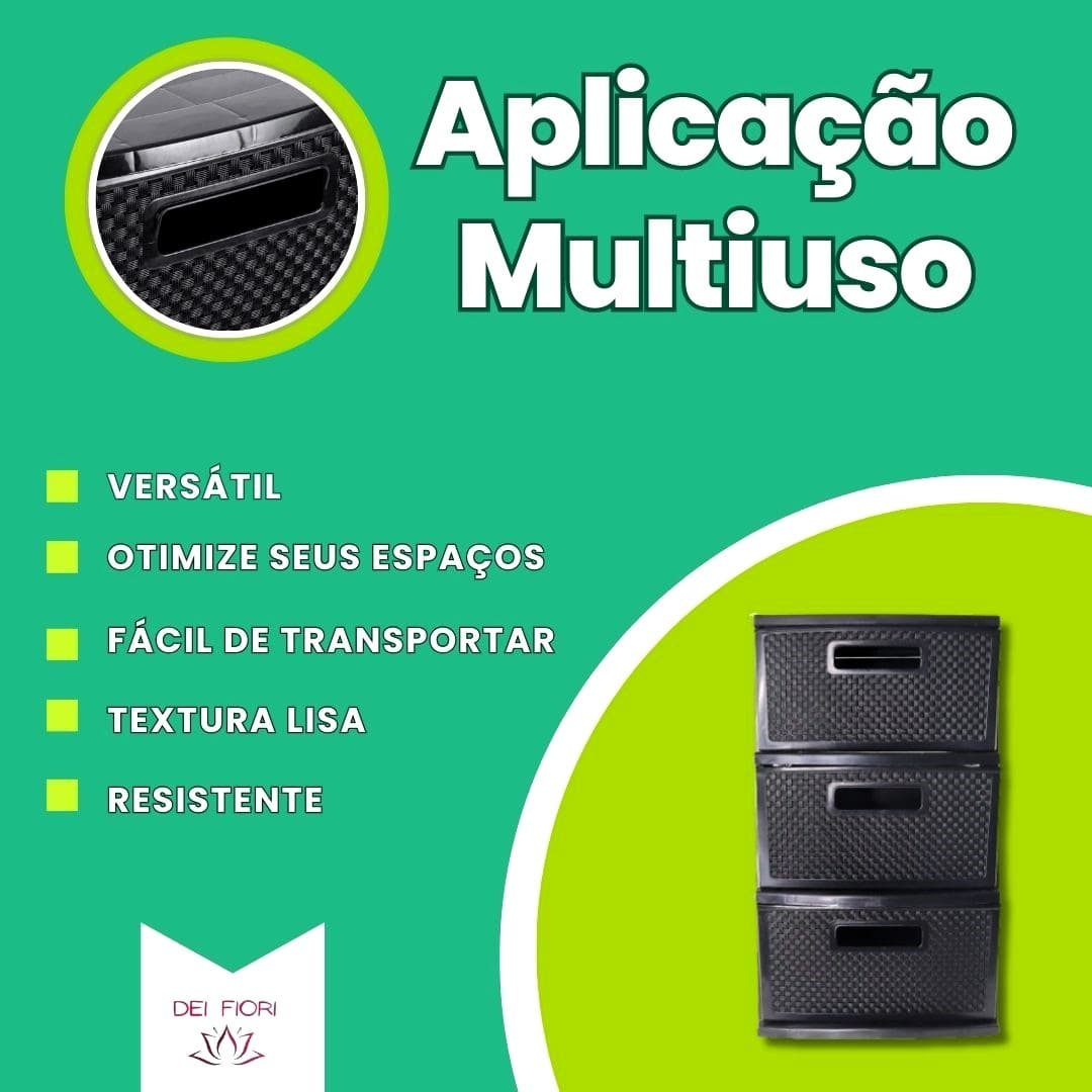 Gaveteiro de Chão Preto 3 Gavetas Organizador Multiuso Casa Escritorio Espaçoso Resistente Duravel C - 5