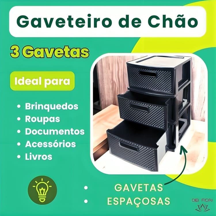 Gaveteiro de Chão Preto 3 Gavetas Organizador Multiuso Casa Escritorio Espaçoso Resistente Duravel C - 2