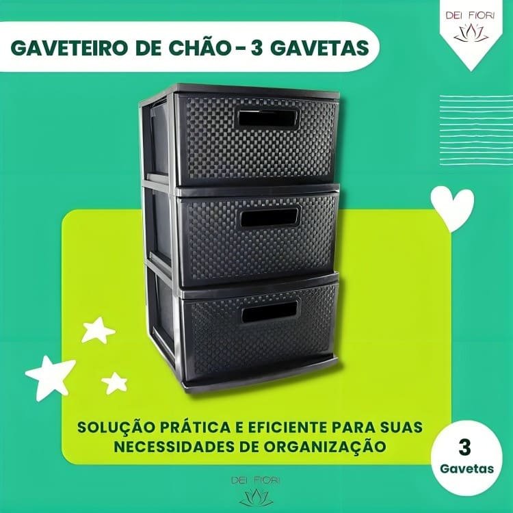 Gaveteiro de Chão Preto 3 Gavetas Organizador Multiuso Casa Escritorio Espaçoso Resistente Duravel C - 9