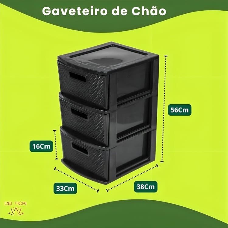 Gaveteiro de Chão Preto 3 Gavetas Organizador Multiuso Casa Escritorio Espaçoso Resistente Duravel C - 4