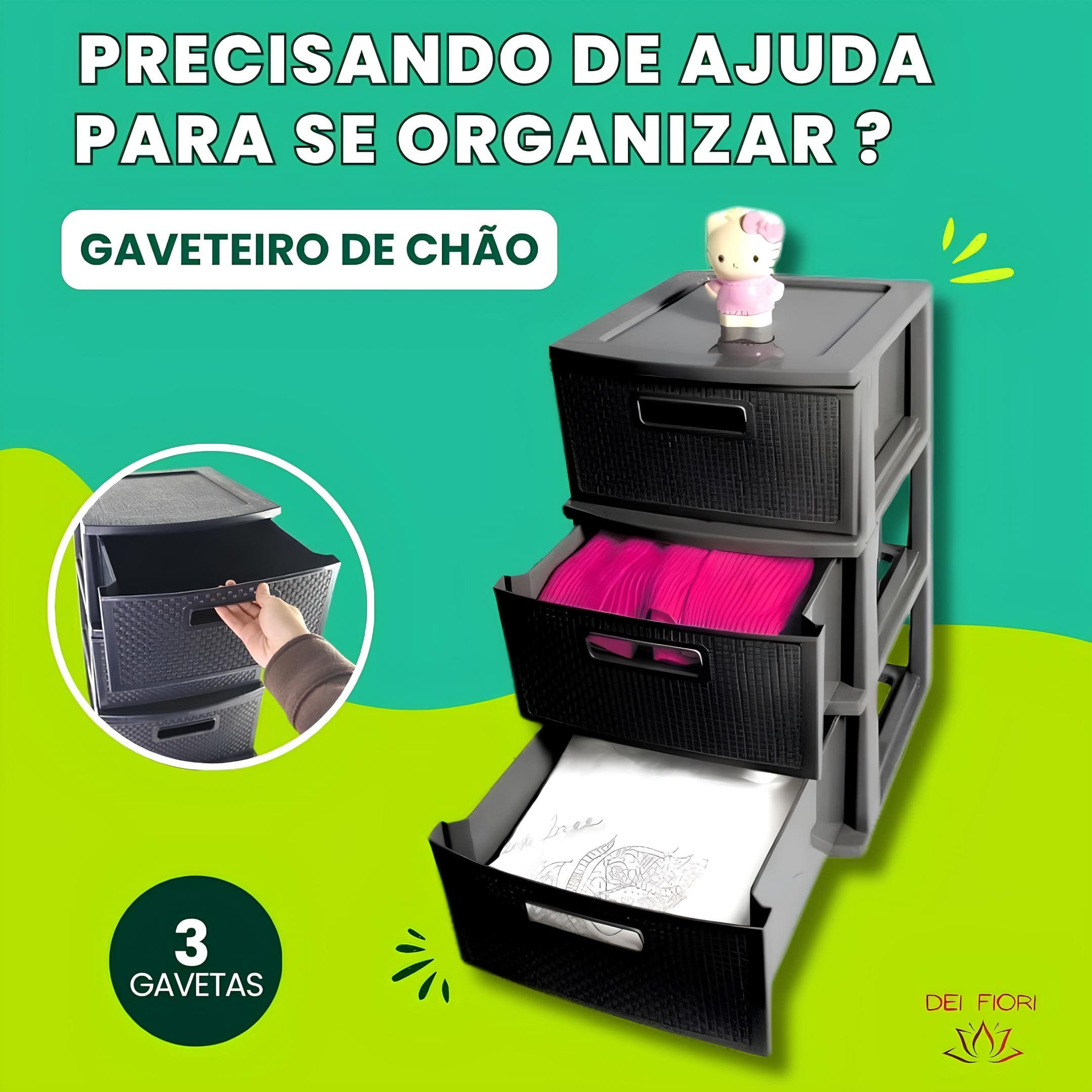 Gaveteiro de Chão Preto 3 Gavetas Organizador Multiuso Casa Escritorio Espaçoso Resistente Duravel C - 6