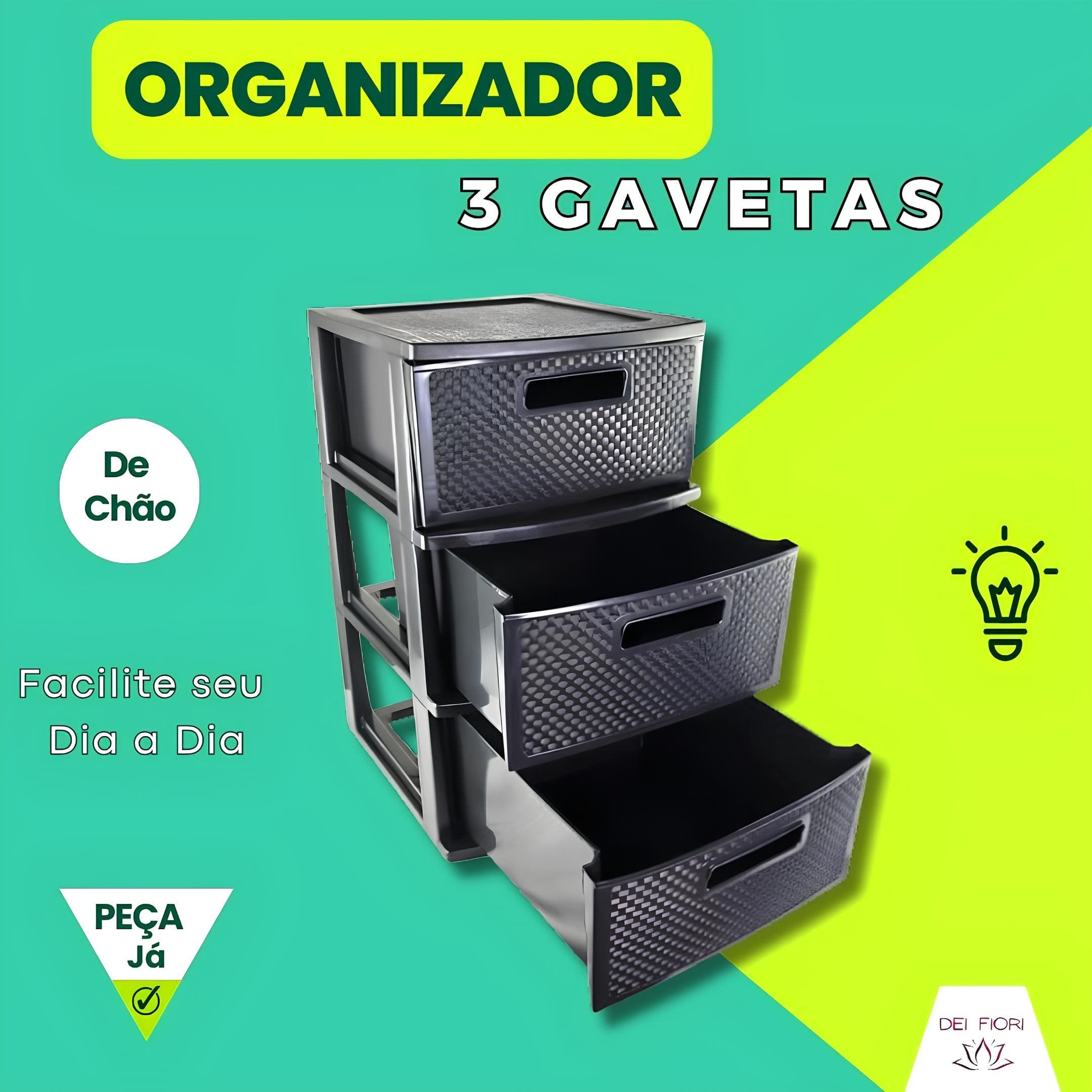 Gaveteiro de Chão Preto 3 Gavetas Organizador Multiuso Casa Escritorio Espaçoso Resistente Duravel C - 8