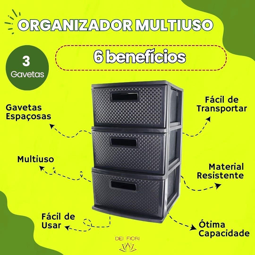 Gaveteiro de Chão Preto 3 Gavetas Organizador Multiuso Casa Escritorio Espaçoso Resistente Duravel C - 3