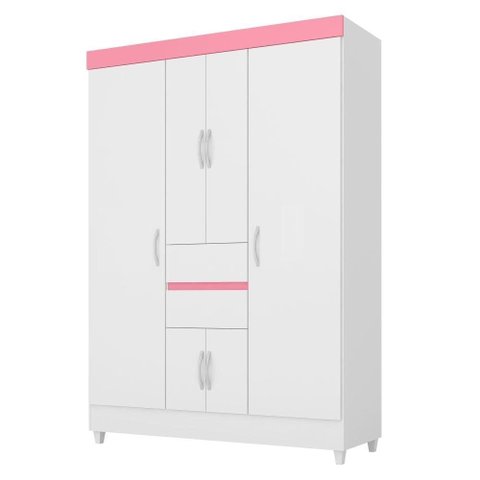Conjunto de Guarda Roupa e Cômoda Otto para Quarto Branco Rosa