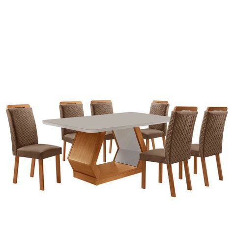 Mesa de Jantar Alvorada 180cm Tampo MDF Vidro Canto Copo com 6 Cadeiras Aline Moderna Mobília