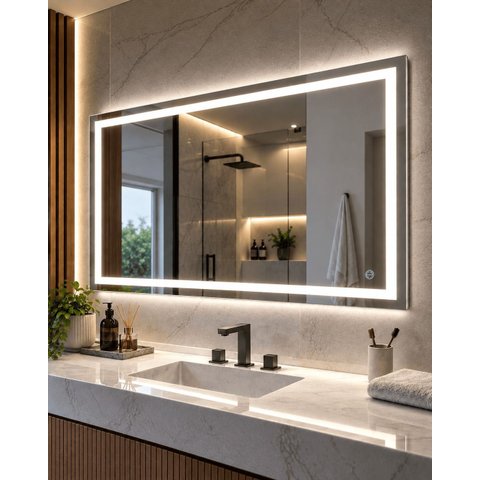 Espelho LED 3 Cores Parede 100x90 Jateado ou 90x100 Touch Retangular Iluminado