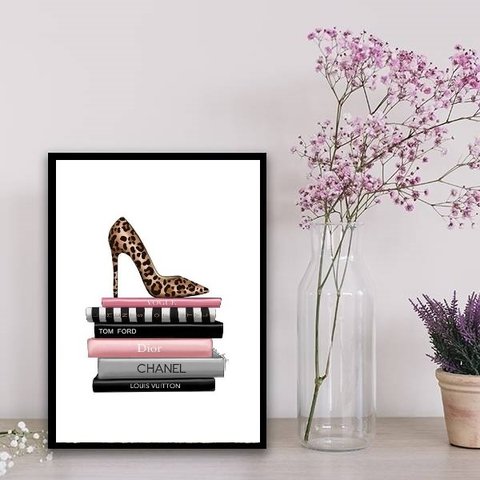 Quadro Sapato Com Livros Fashion 24x18cm - com vidro:Madeira branca