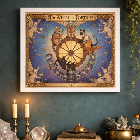 Quadro Carta Tarot Gatos Roda Fortuna 24x18cm Mold Branca