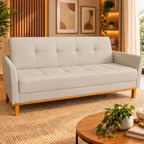 Sofá Cama Casal 3 Lugares Retro Luna Suede Bege Ilumini Decor